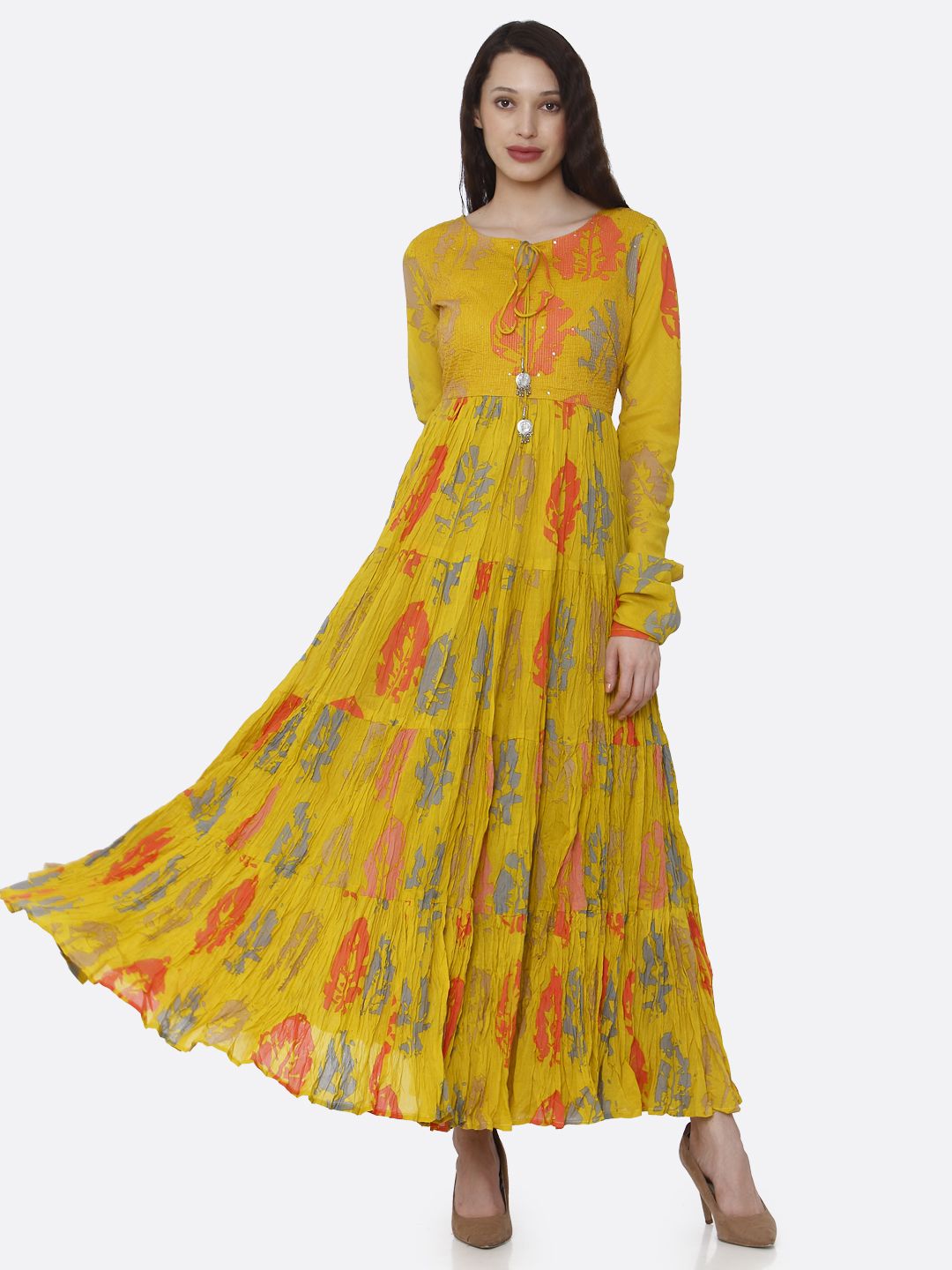 RAISIN Women Mustard Printed Maxi Dress