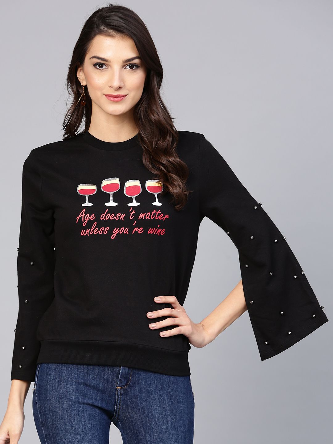 STREET 9 Women Black Printed Sweatshirt Price in India