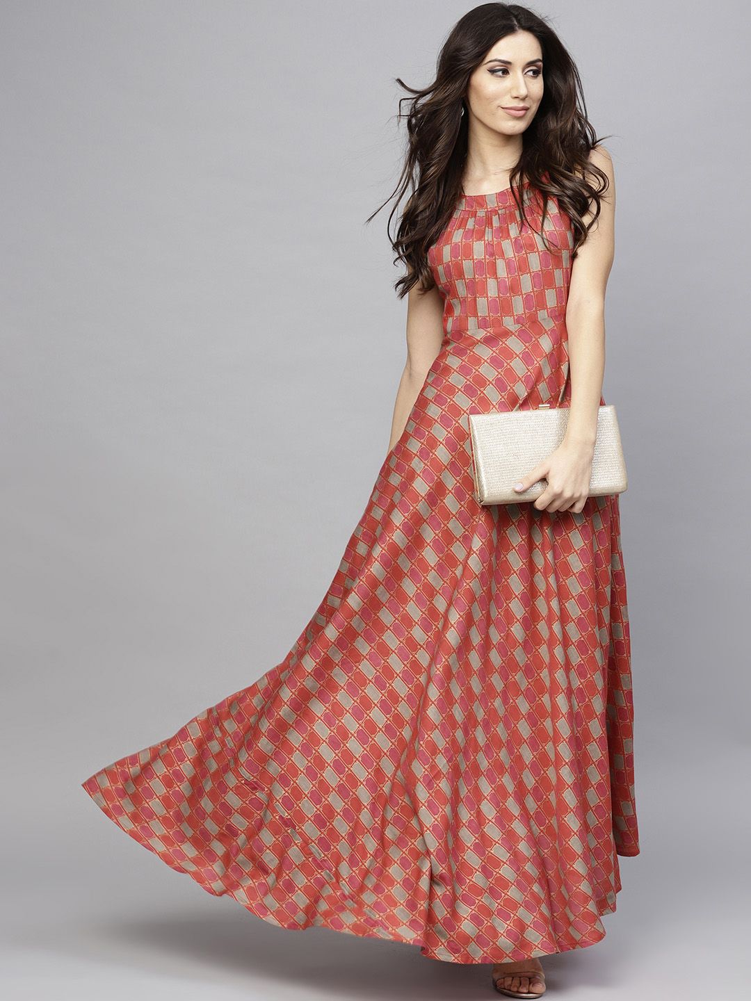 AKS Women Red Printed Maxi Dress