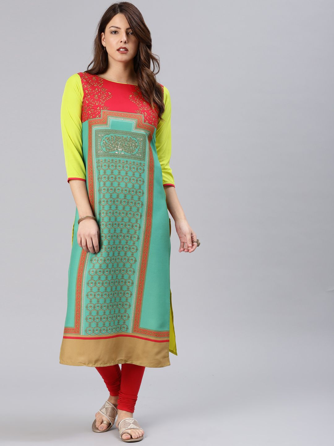 AHIKA Women Green & Pink Printed Straight Kurta Price in India