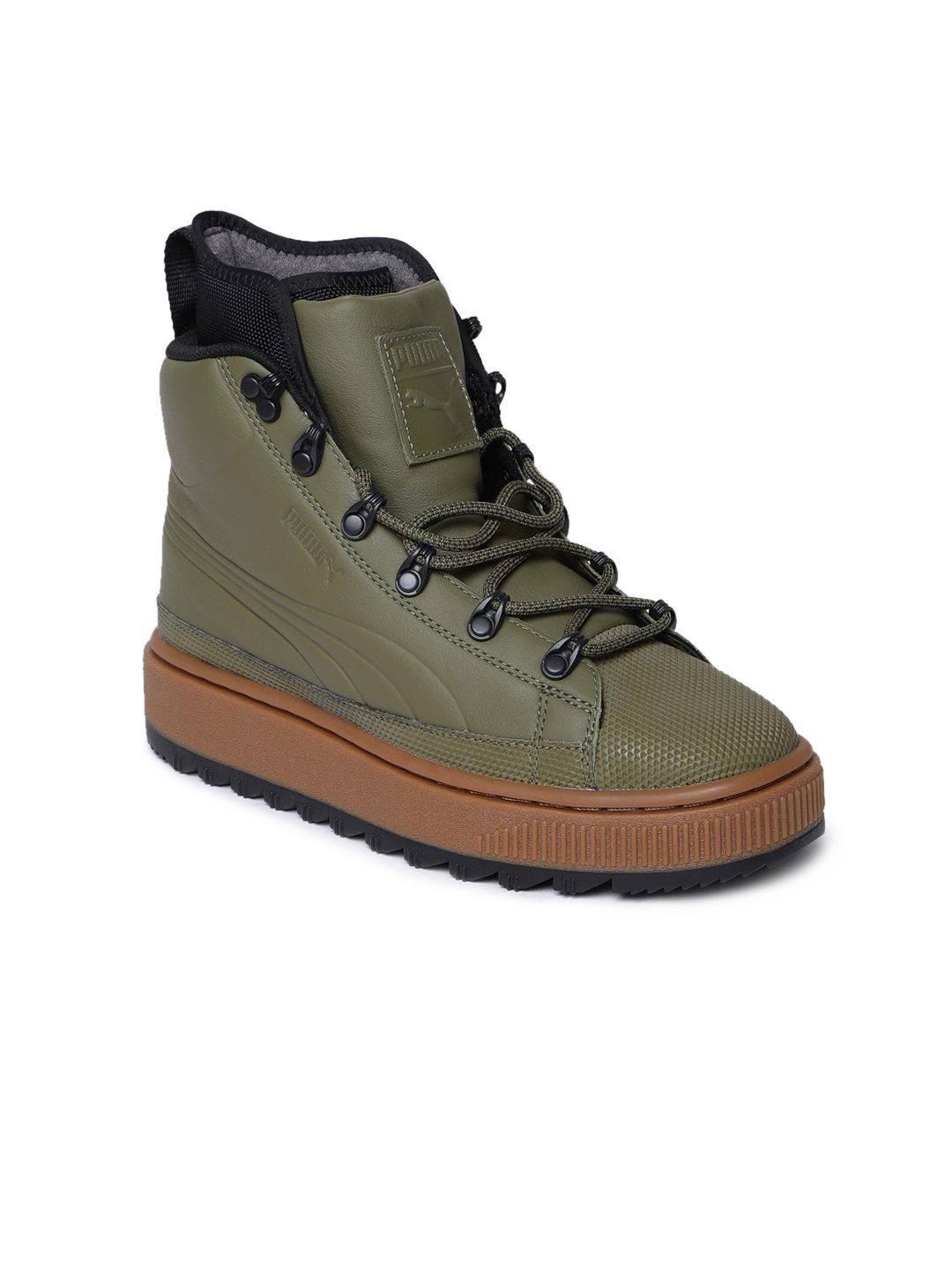 靴 Puma Leather Lace Up Boots Buy Puma Unisex Olive Green Ren Boot Burnt High-Top Flat Leather
