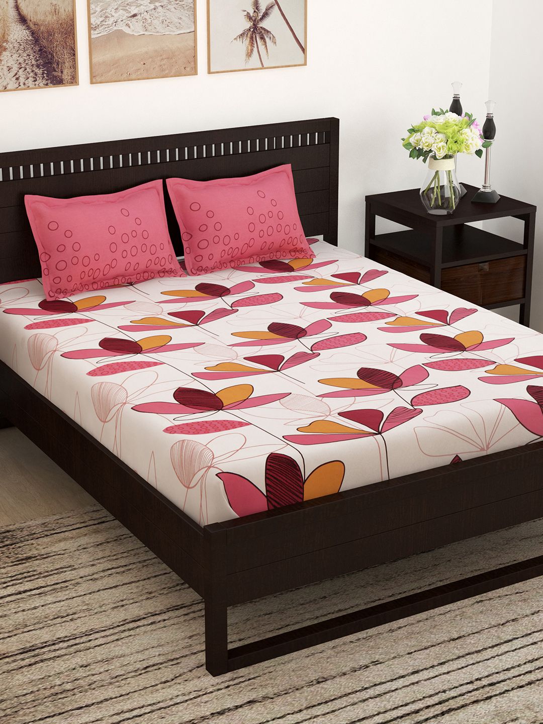 Story@home Pink & White Floral Flat 152 TC Cotton Queen Bedsheet with 2 Pillow Covers Price in India