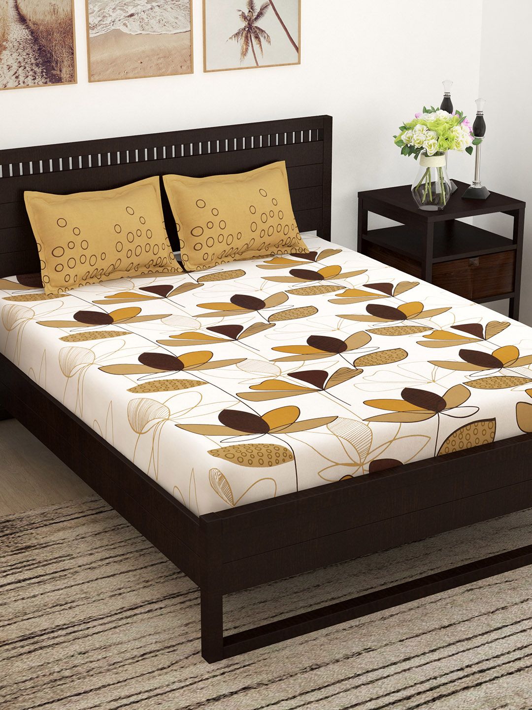 Story@home Gold-Toned & White Floral Flat 152 TC Queen Bedsheet with 2 Pillow Covers Price in India