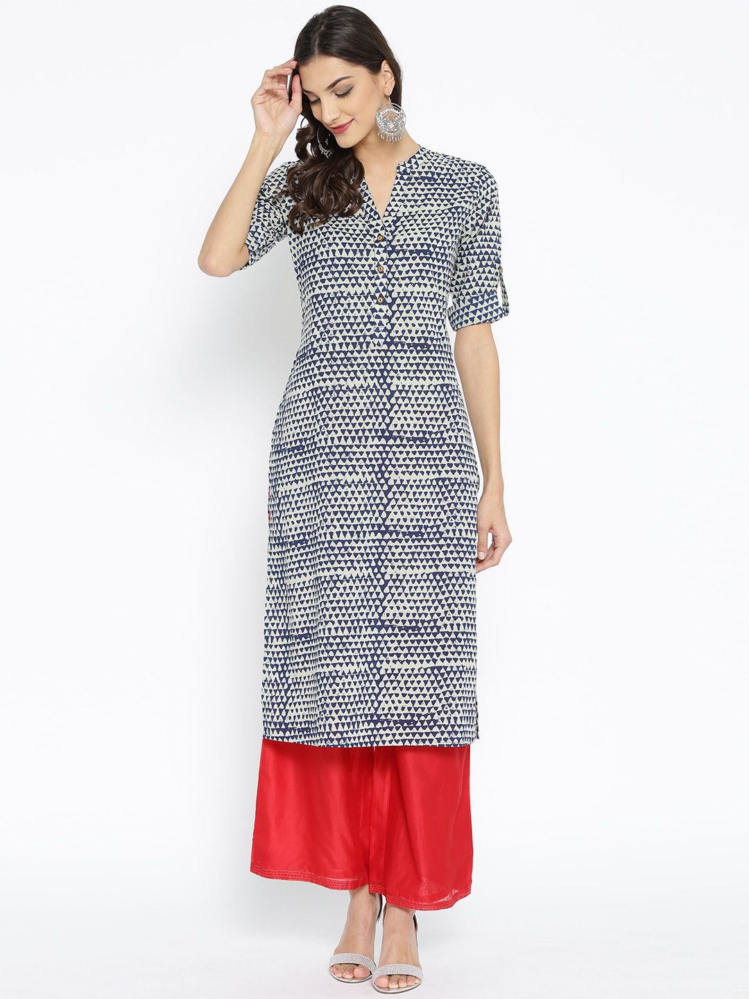 anayna Women Cream-Coloured & Navy Blue Printed Straight Kurta Price in India