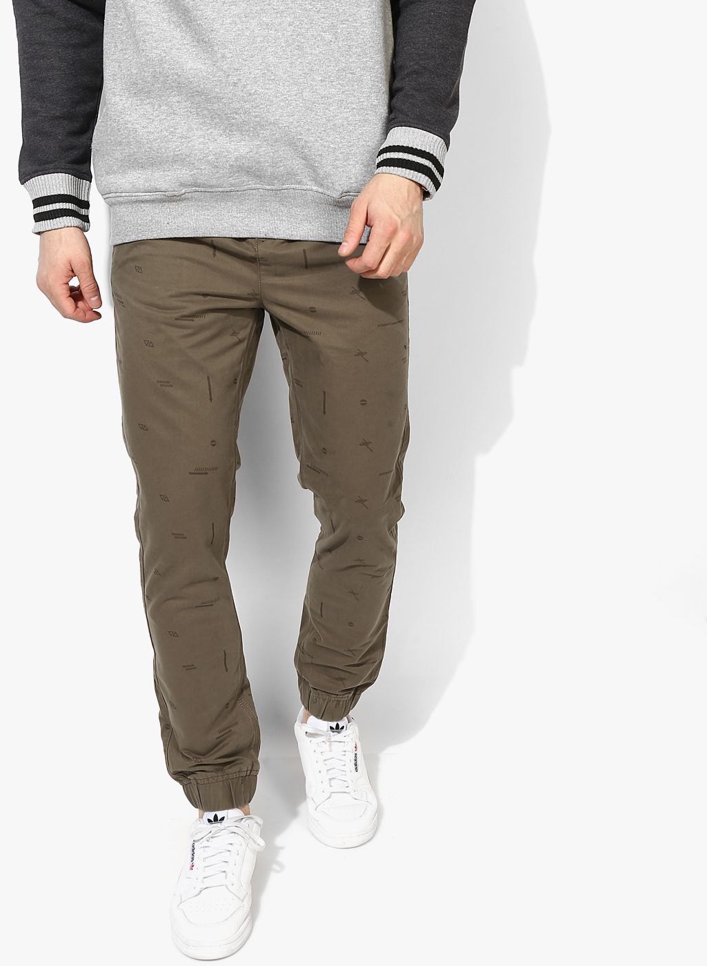 Roadster Olive Brown Regular Fit Printed Joggers