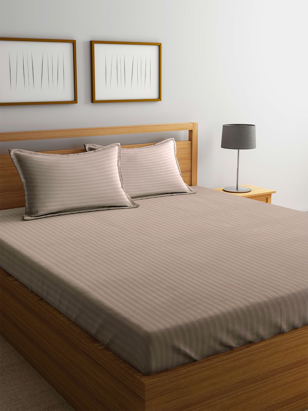 MARK HOME Beige Striped Flat 210 TC Cotton 1 King Bedsheet with 2 Pillow Covers Price in India