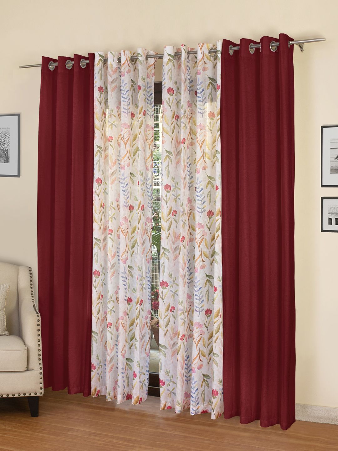 ROSARA HOME Maroon & White Set of 4 Door Curtains Price in India