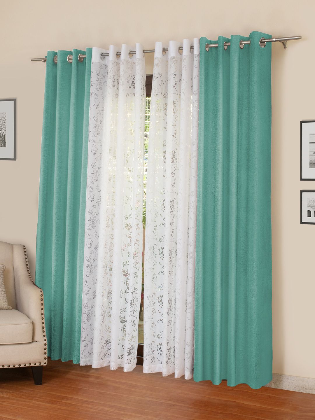 ROSARA HOME Turquoise Blue & White Set of 4 Door Curtains Price in India