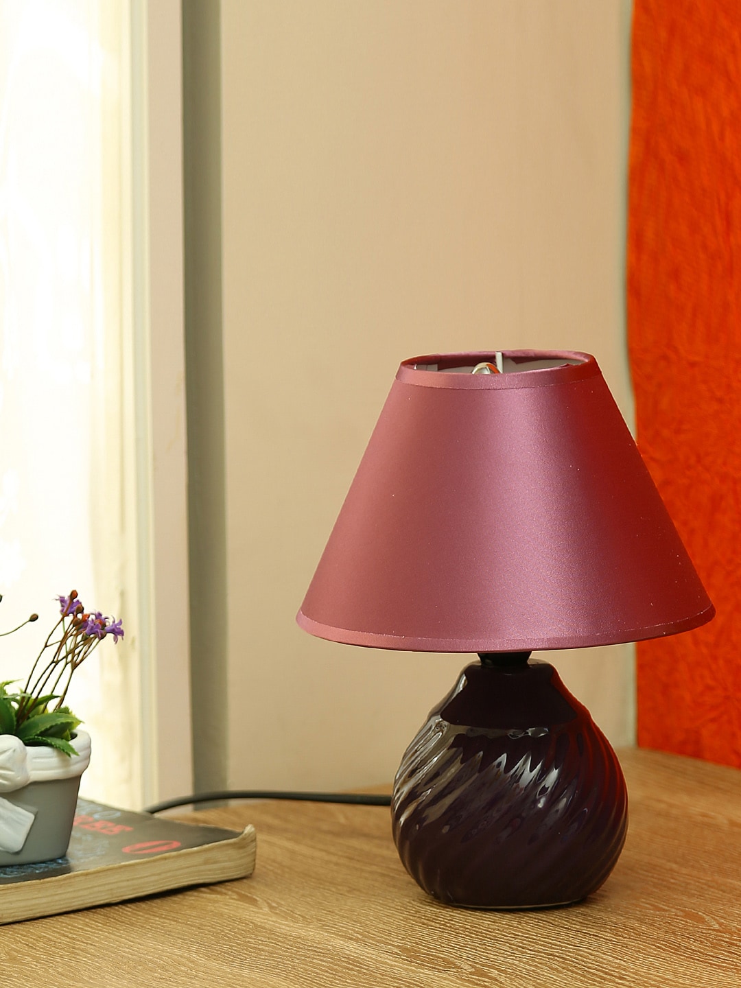 Aapno Rajasthan Purple Vintage Style Polished Ceramic Round Table Lamp With Shade Price in India