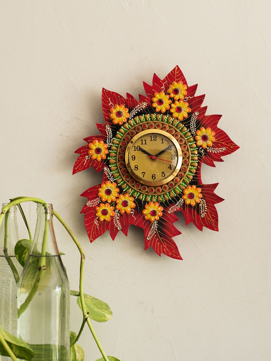 eCraftIndia Gold-Toned & Pink Handcrafted Floral Embellished Analogue Wall Clock Price in India