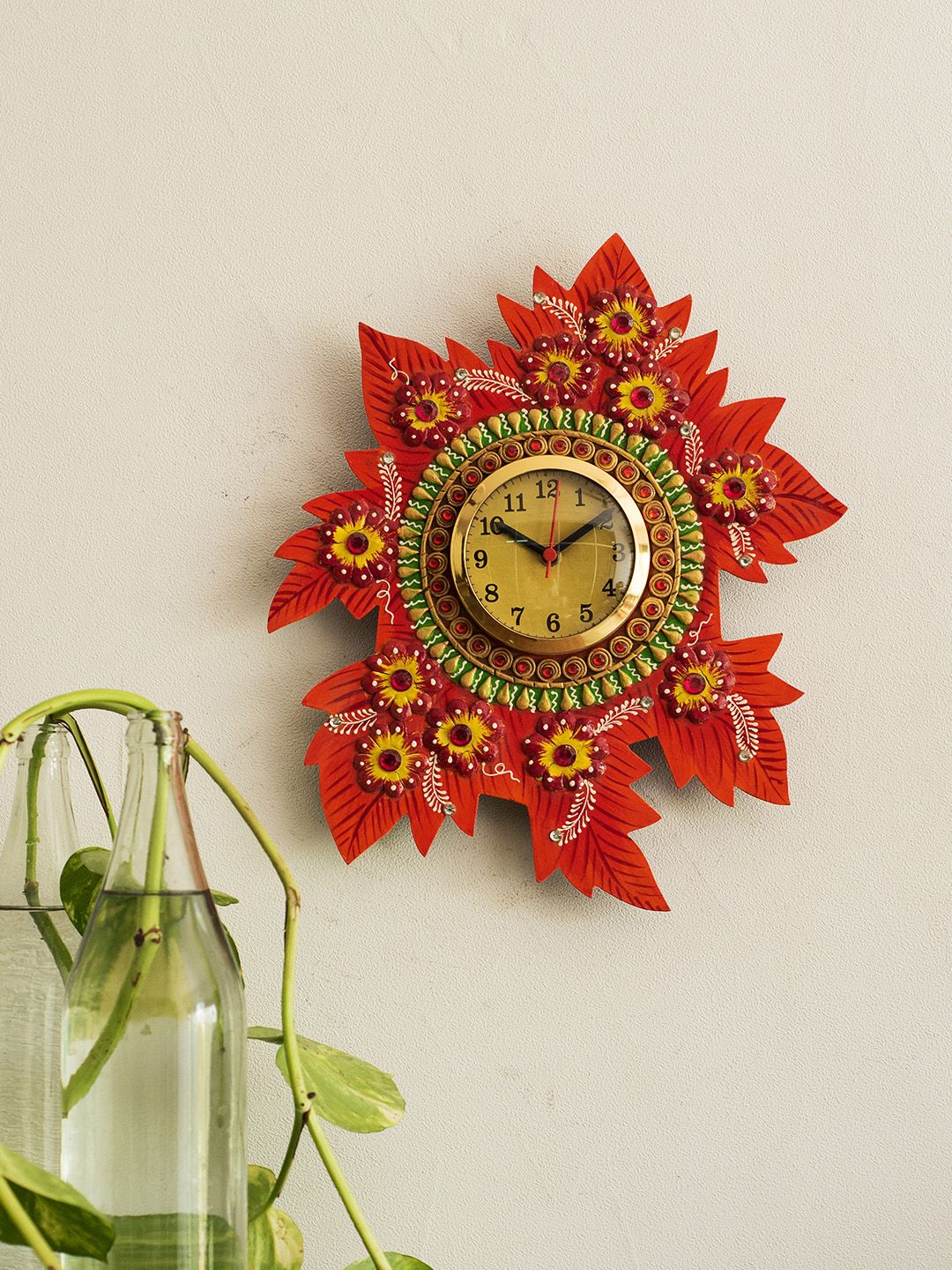 eCraftIndia Multicoloured Handcrafted Floral Embellished Analogue Wall Clock Price in India