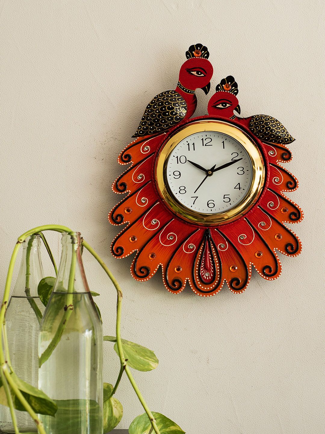 eCraftIndia White & Orange Handcrafted Bird Shaped Textured Analogue Wall Clock Price in India