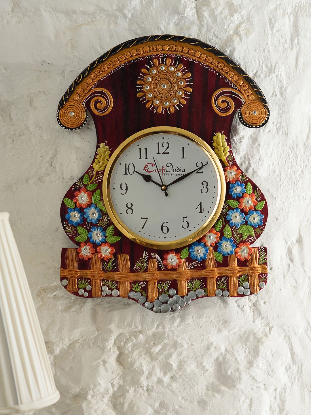 eCraftIndia White & Maroon Handcrafted Quirky Embellished Analogue Wall Clock Price in India