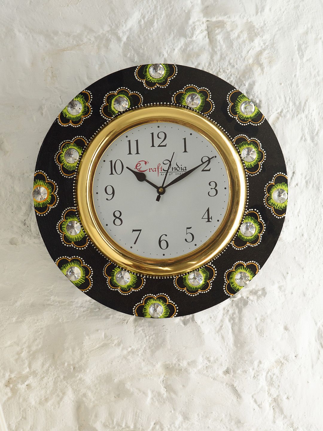 eCraftIndia White & Gold-Toned Handcrafted Round Solid Analogue Wall Clock Price in India
