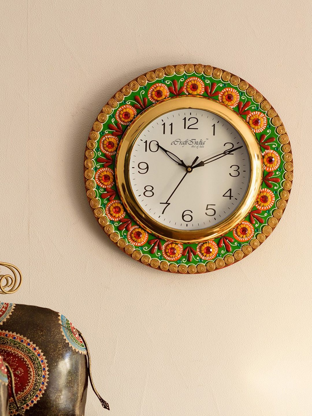 eCraftIndia White & Yellow Handcrafted Round Embellished Analogue Wall Clock Price in India