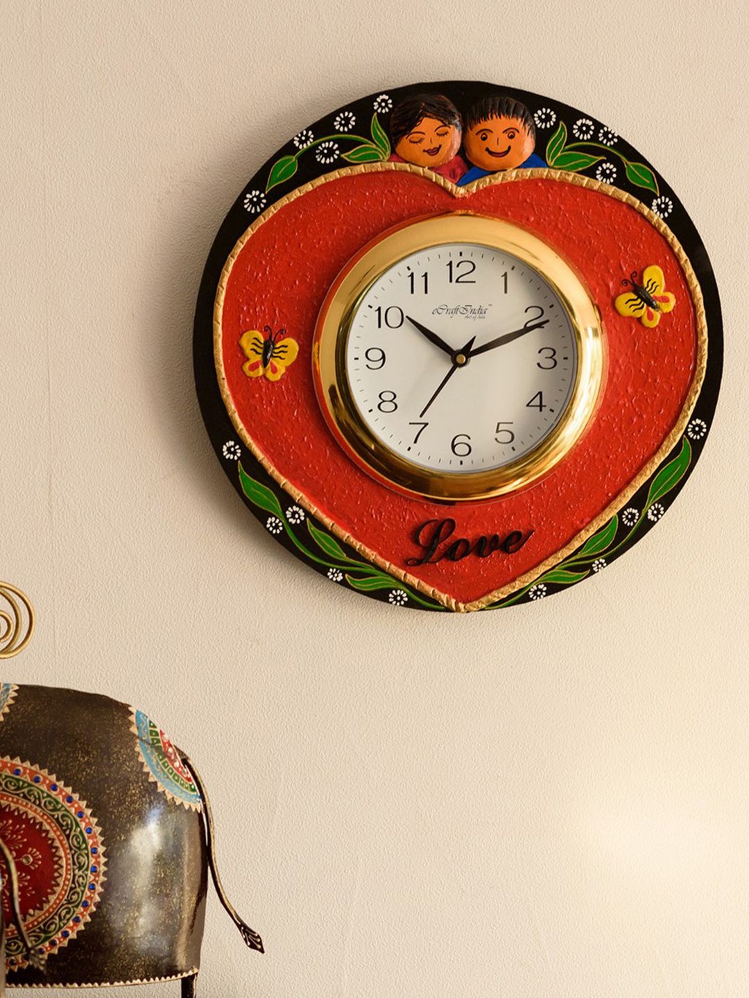 eCraftIndia Red Handcrafted Round Embellished Analogue Wall Clock Price in India