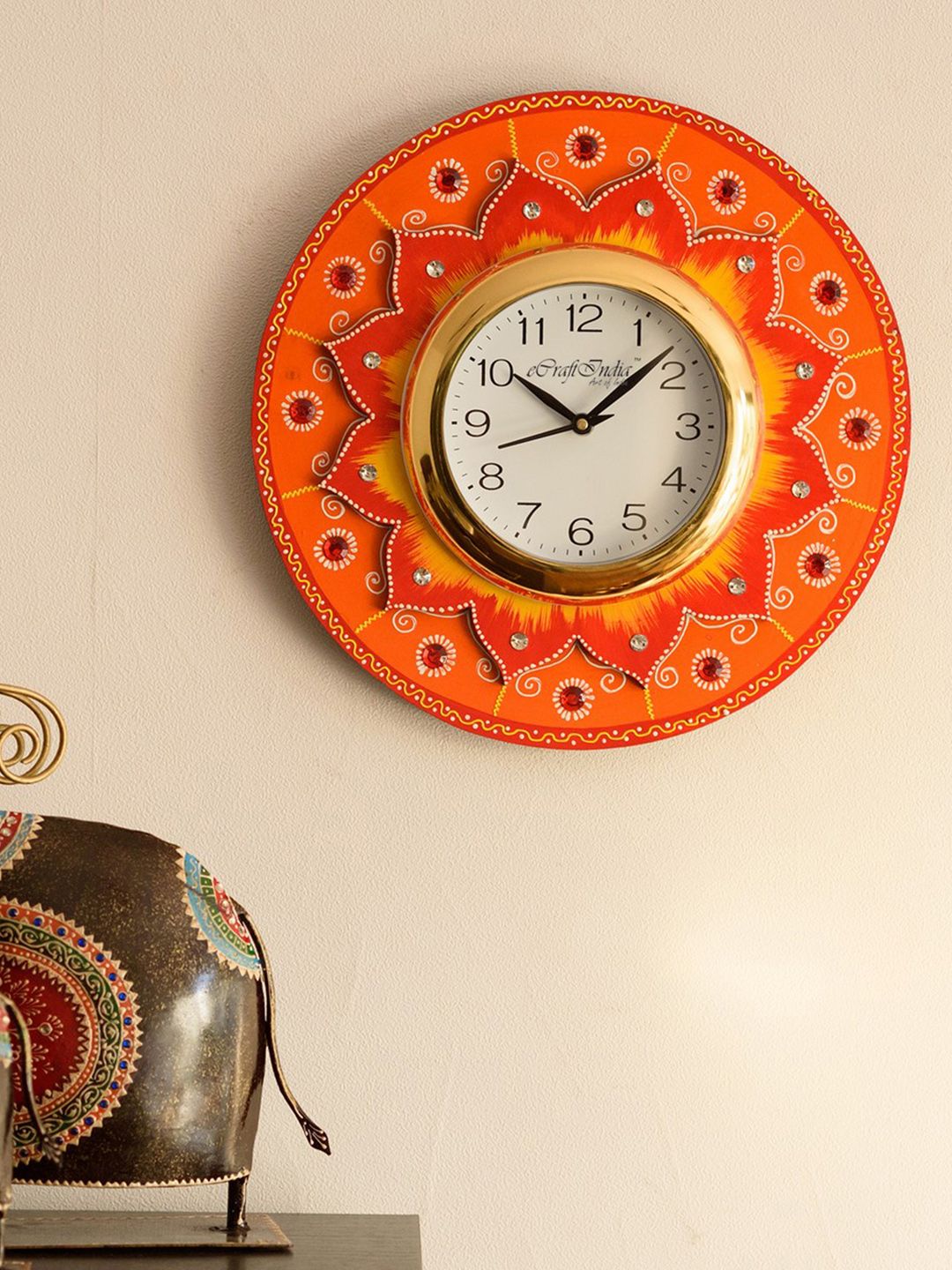 eCraftIndia White & Orange Handcrafted Floral Embellished Analogue Wall Clock Price in India