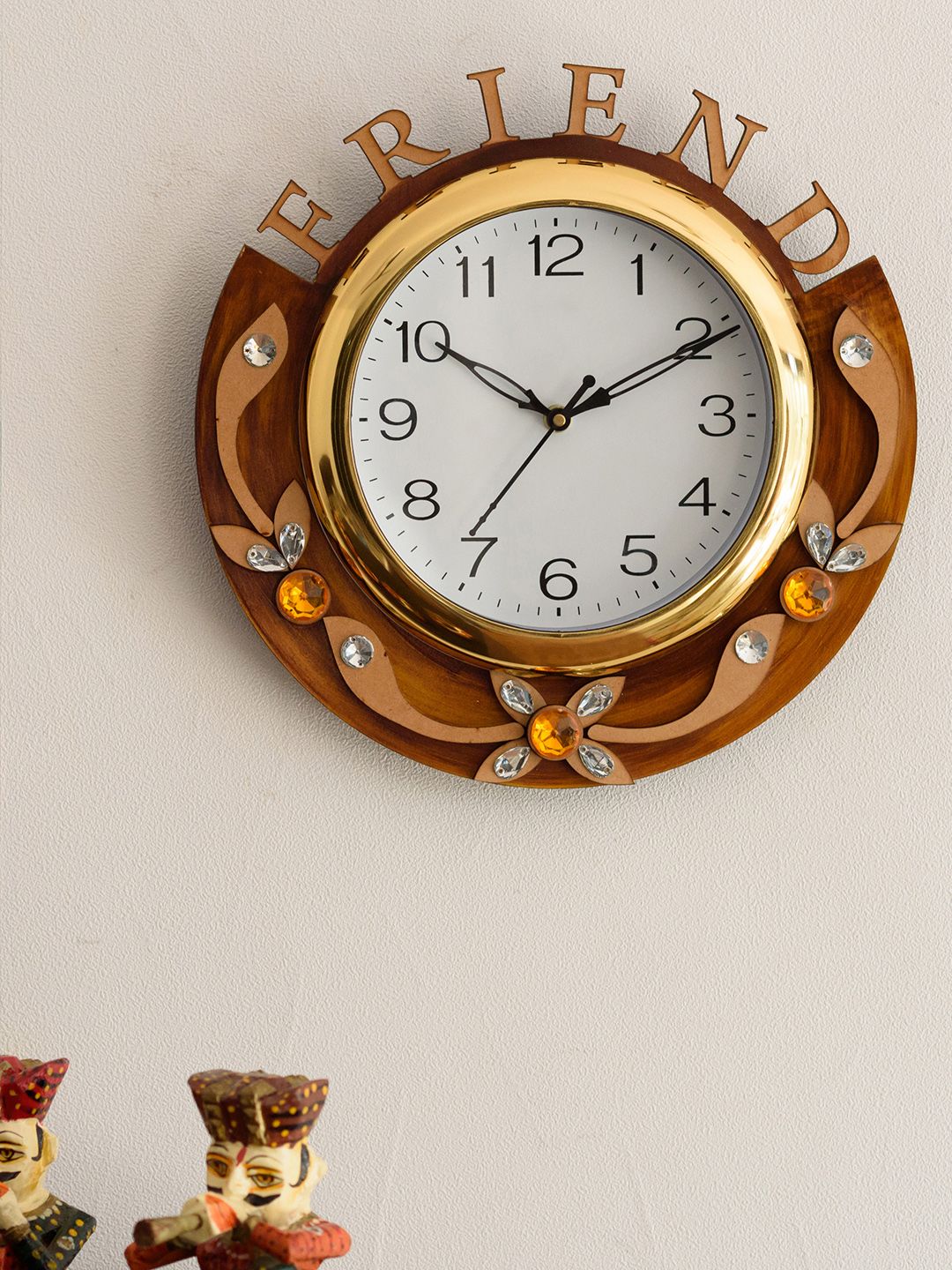 eCraftIndia White & Brown Handcrafted Round Embellished Analogue Wall Clock Price in India