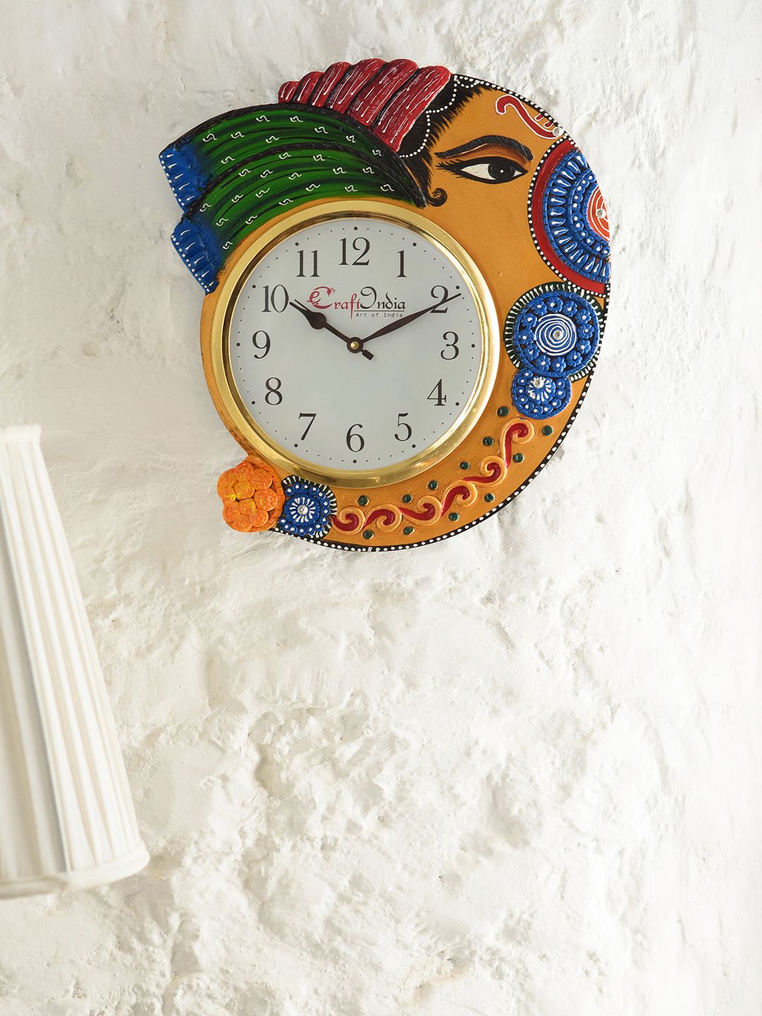 eCraftIndia White & Blue Handcrafted Quirky Embellished Analogue Wall Clock Price in India