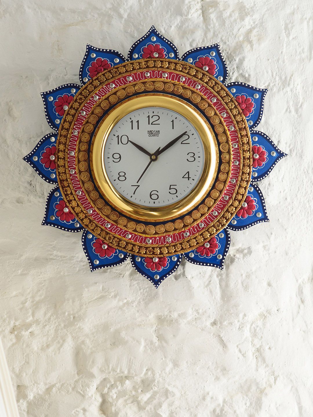 eCraftIndia White & Gold-Toned Handcrafted Round Embellished Analogue Wall Clock Price in India