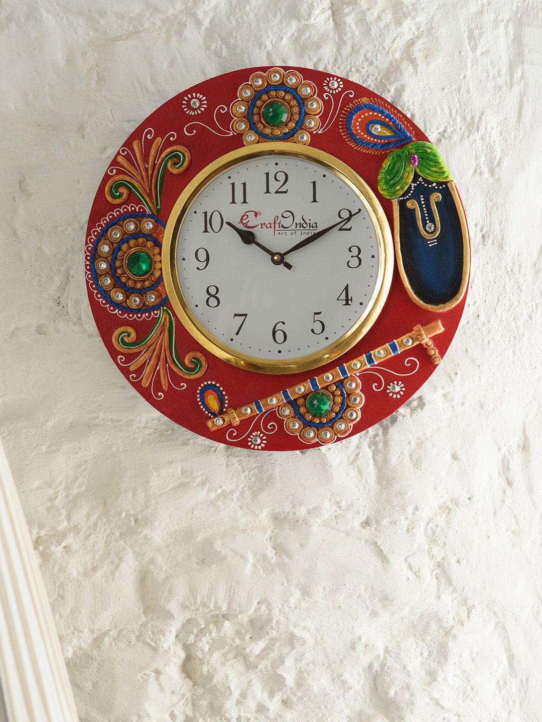 eCraftIndia Red Handcrafted Round Embellished Analogue Wall Clock Price in India