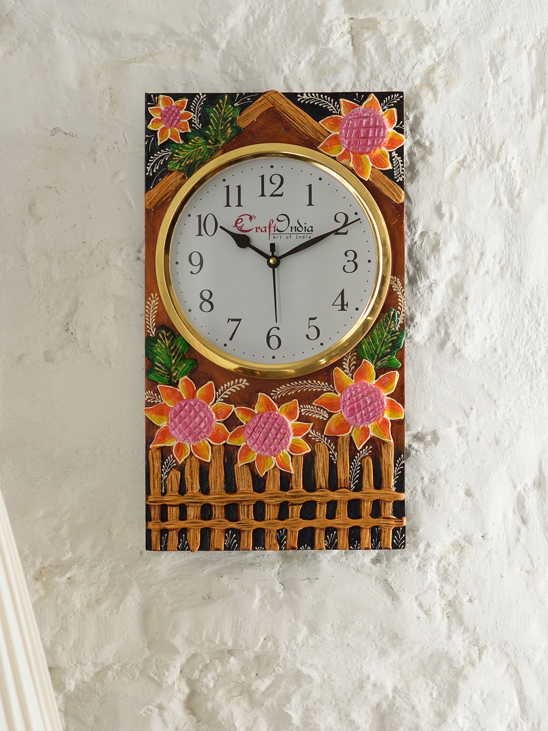 eCraftIndia White Handcrafted Floral Textured Analogue Wall Clock Price in India