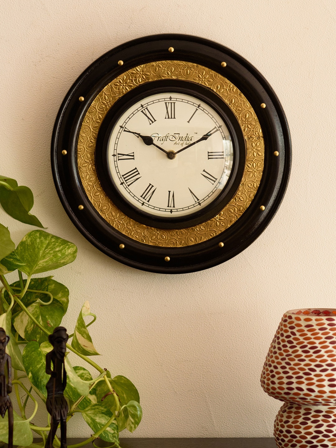 eCraftIndia White & Gold-Toned Handcrafted Round Embellished Analogue Wall Clock Price in India