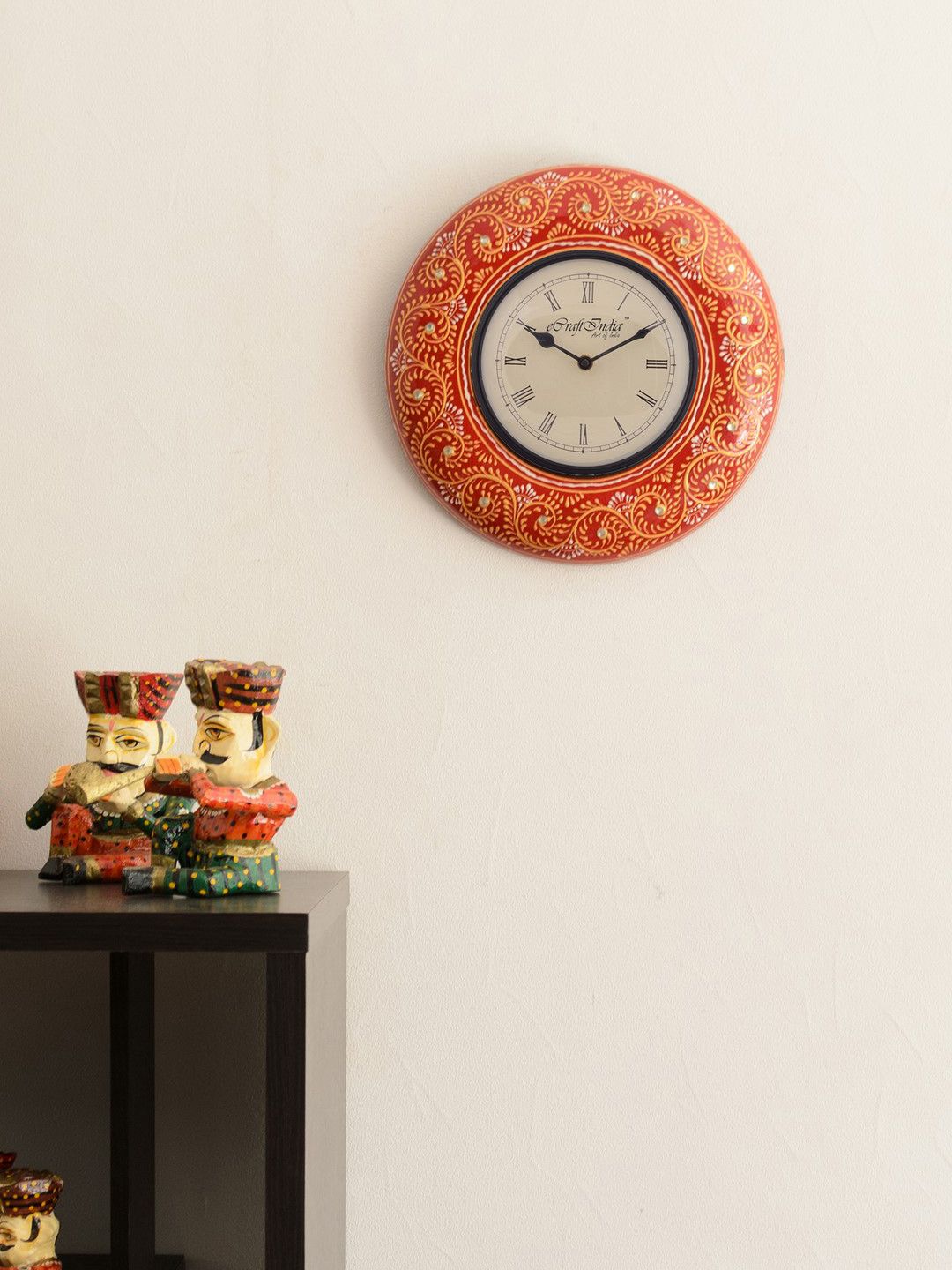 eCraftIndia Red & Gold-Toned Handcrafted Round Printed Analogue Wall Clock Price in India