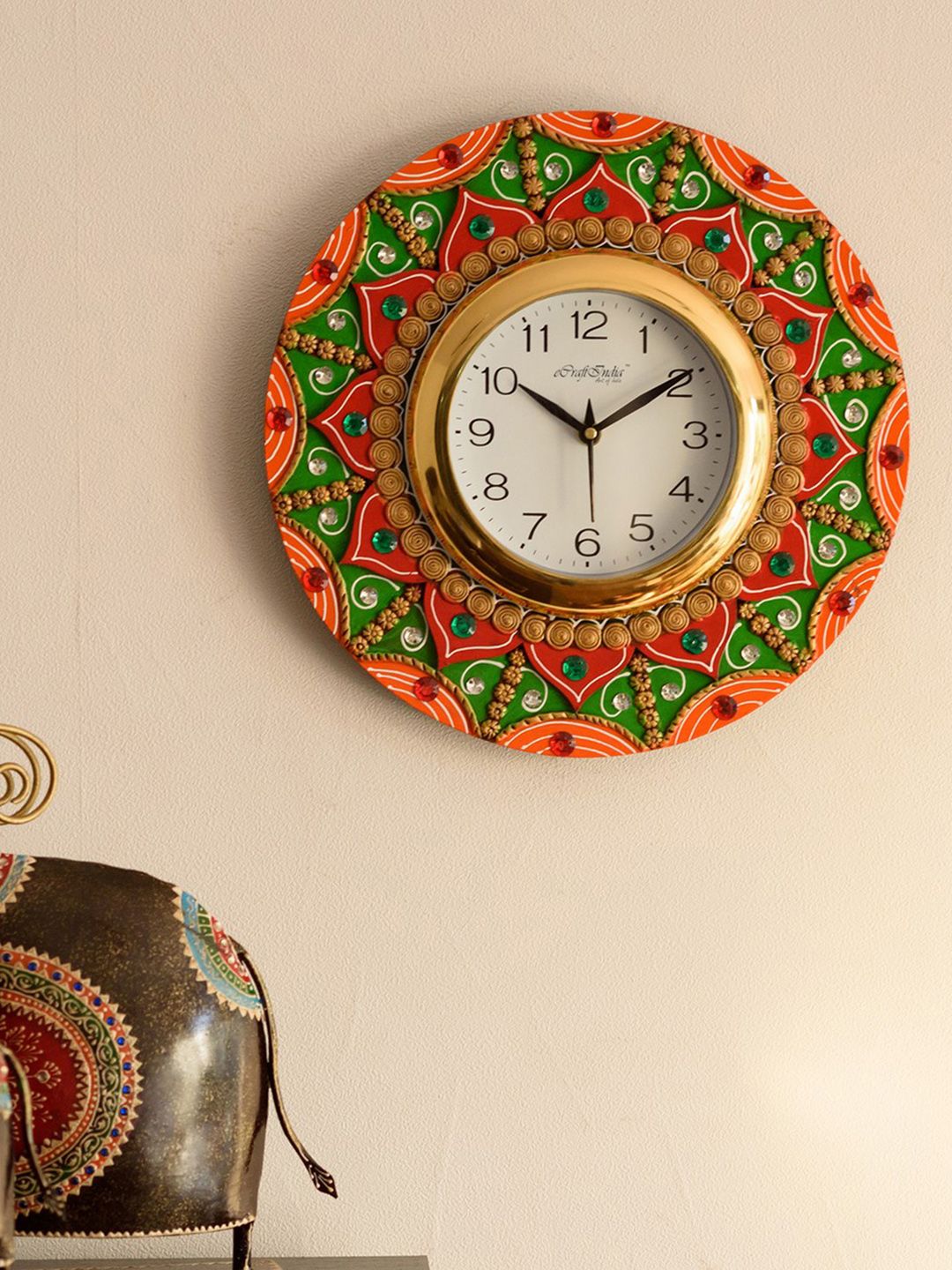 eCraftIndia White & Red Handcrafted Round Analogue Wall Clock Price in India
