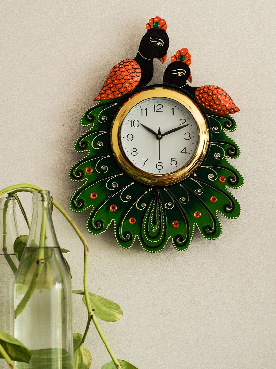 eCraftIndia White & Green Handcrafted Bird Shaped Printed Analogue Wall Clock Price in India