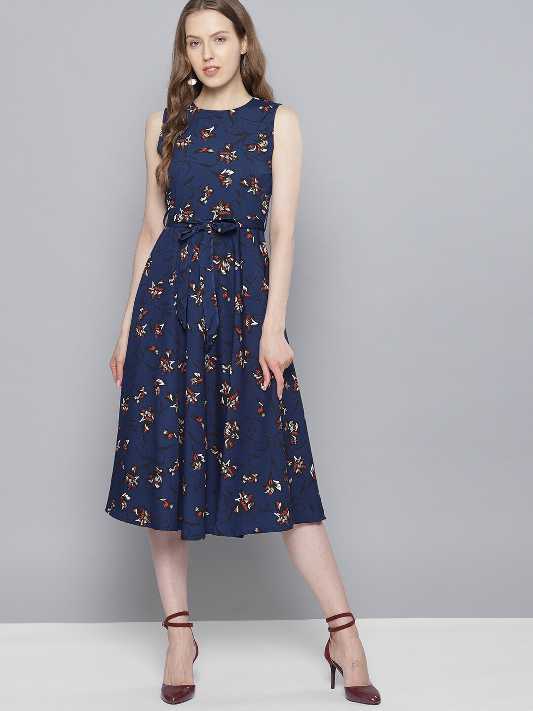 Tokyo Talkies Women Navy Blue Printed Fit and Flare Dress Price in India