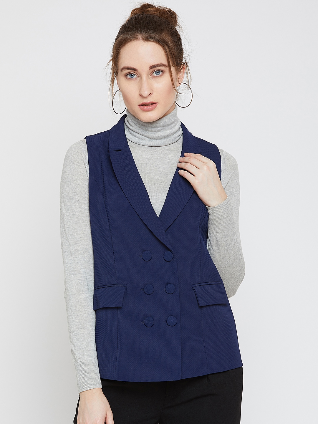 Women Navy Solid Tailored Fit Double-Breasted Blazer Price in India
