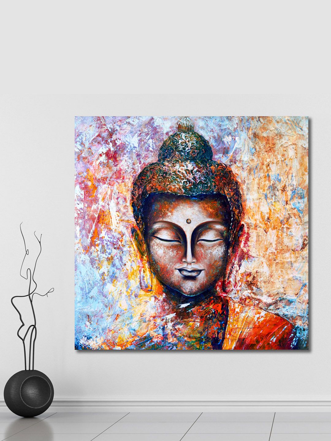 999Store Brown & Multicoloured Hand-Painted Buddha Face Wall Painting Price in India