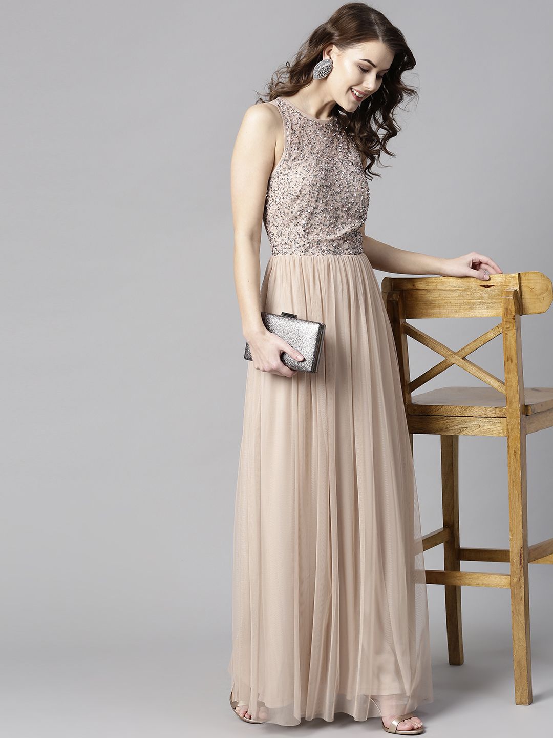 STREET 9 Women Peach-Coloured Solid Maxi Dress with Sequinned Detail Price in India