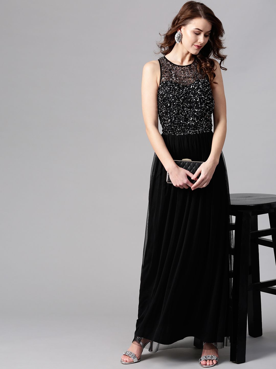 STREET 9 Black Net Maxi Dress with Sequinned Detail Price in India