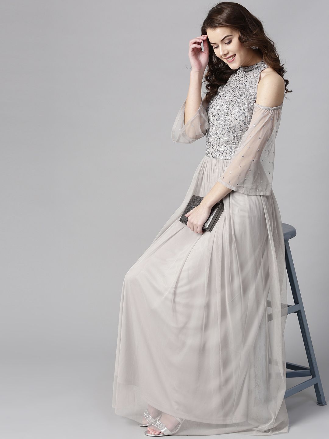 STREET 9 Grey Maxi Dress with Sequinned Detail Price in India