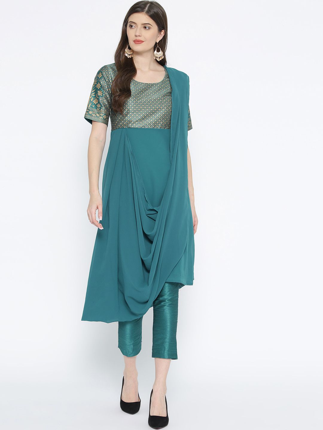 Biba Women Teal Green Yoke Design Kurta with Trousers