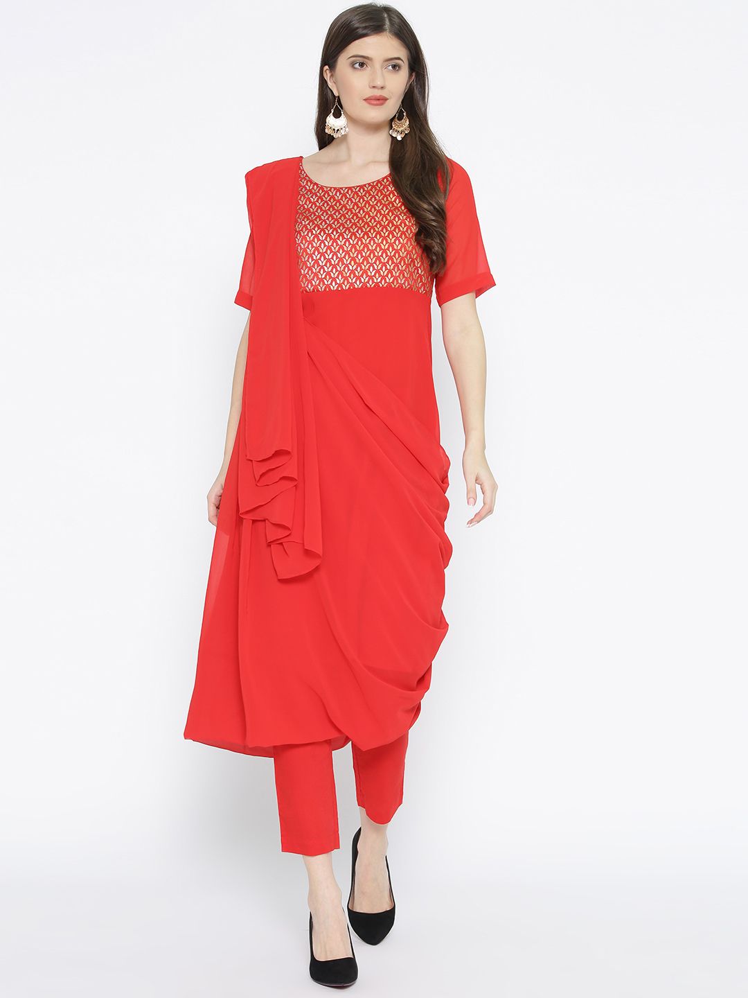 Biba Women Red Yoke Design Kurta with Trousers