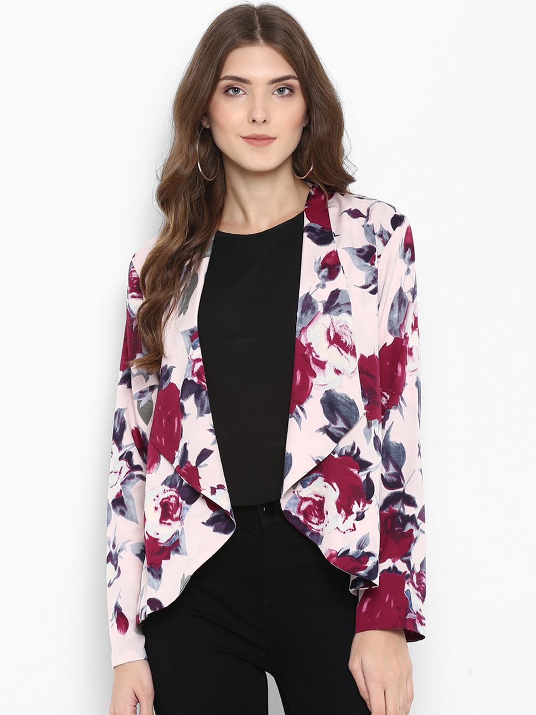 PURYS Pink Printed Open Front Shrug Price in India