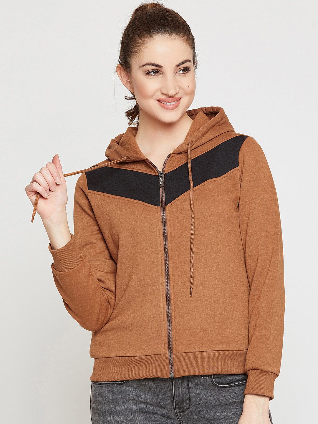 RARE Women Brown & Black Colourblocked Hooded Sweatshirt Price in India