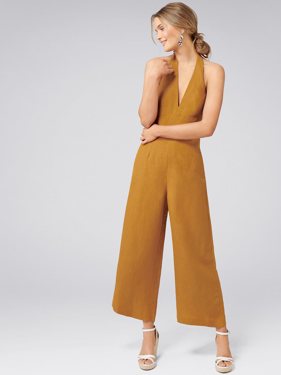 Forever New Mustard Yellow Solid Basic Jumpsuit