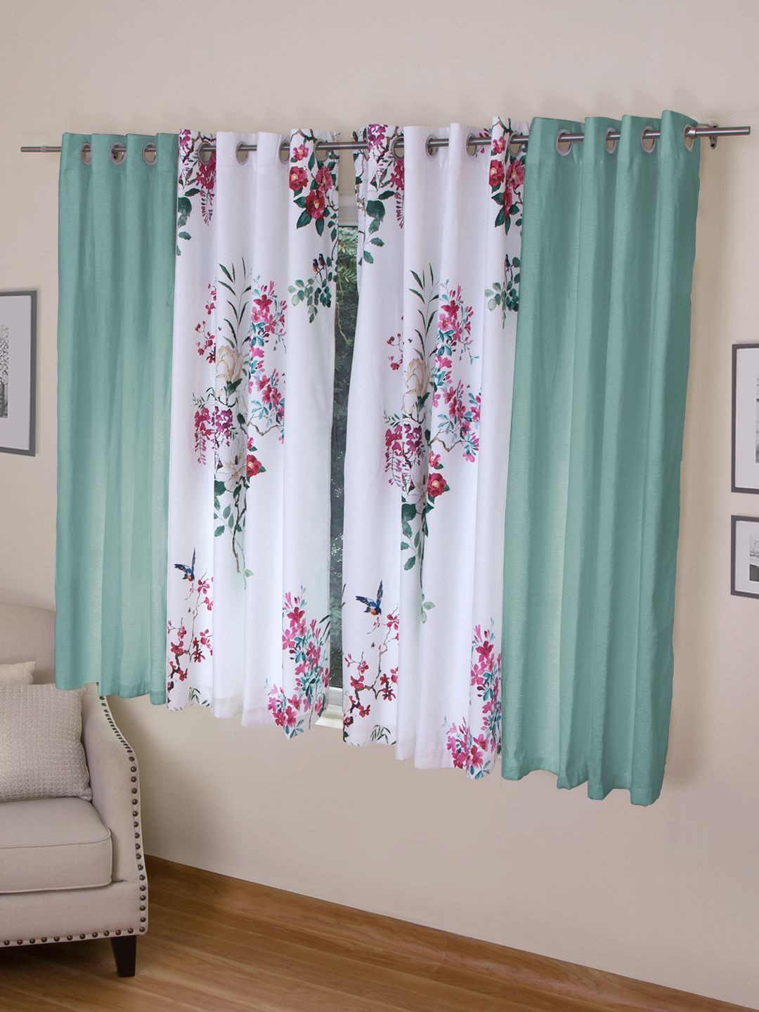 ROSARA HOME Turquoise Blue & White Set of 4 Window Curtains Price in India