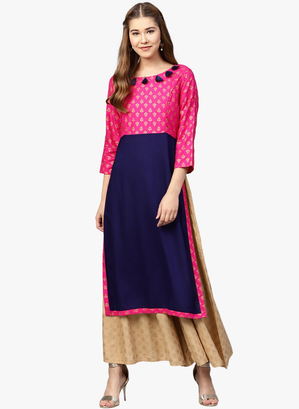 Juniper Pink & Navy Blue Printed Straight Kurta