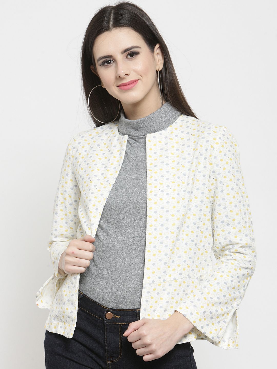 Sera Women Off-White Printed Open Front Jacket Price in India