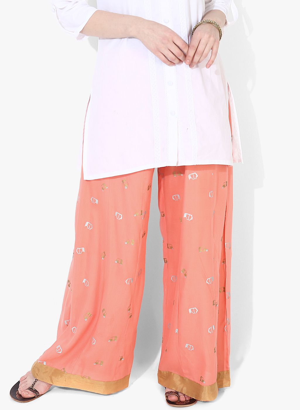 HERE&NOW Peach-Coloured Printed Wide Leg Palazzo