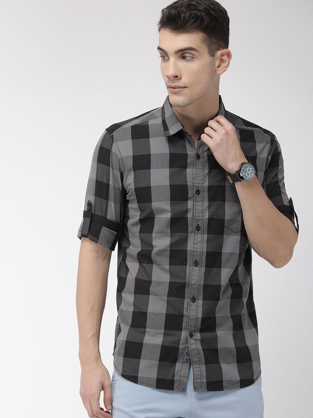 HIGHLANDER Men Black & Grey Slim Fit Checked Casual Shirt