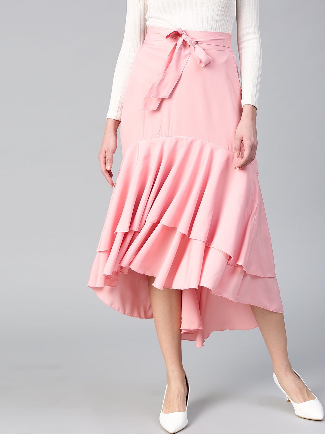 Bitterlime Women Pink Layered Ruffled A-line Skirt