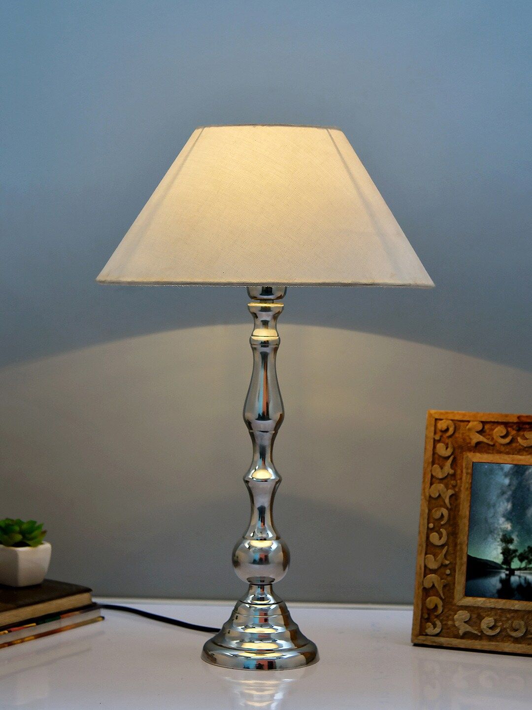 Homesake Silver-Toned Solid Handcrafted Bedside Standard Table Lamp with Shade Price in India