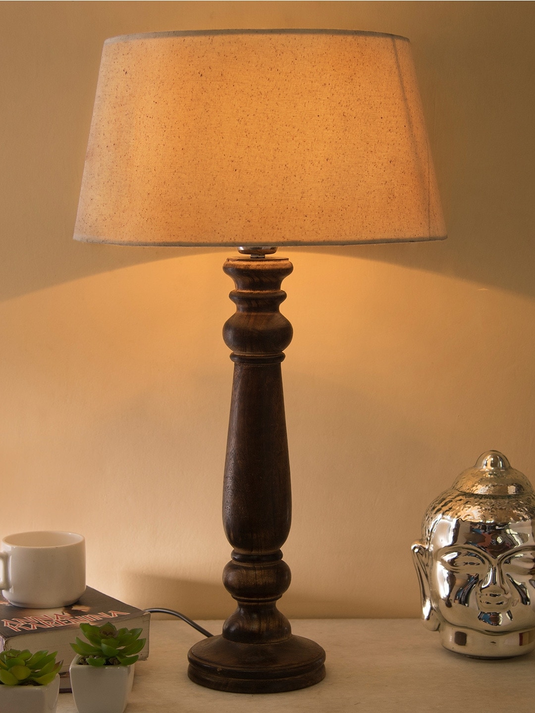 Homesake Brown & Beige Solid Handcrafted Bedside Standard Table Lamp Price in India