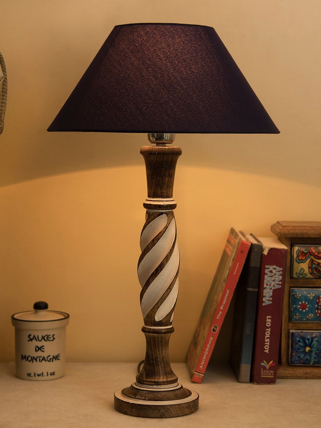 Homesake Brown & Navy Blue Solid Antique Twister Handcrafted Table Lamp with Shade Price in India